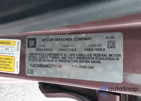 2019 Chevrolet Spark 1Lt Cvt из США, поврежденный, VIN KL8CD6SA5KC771736